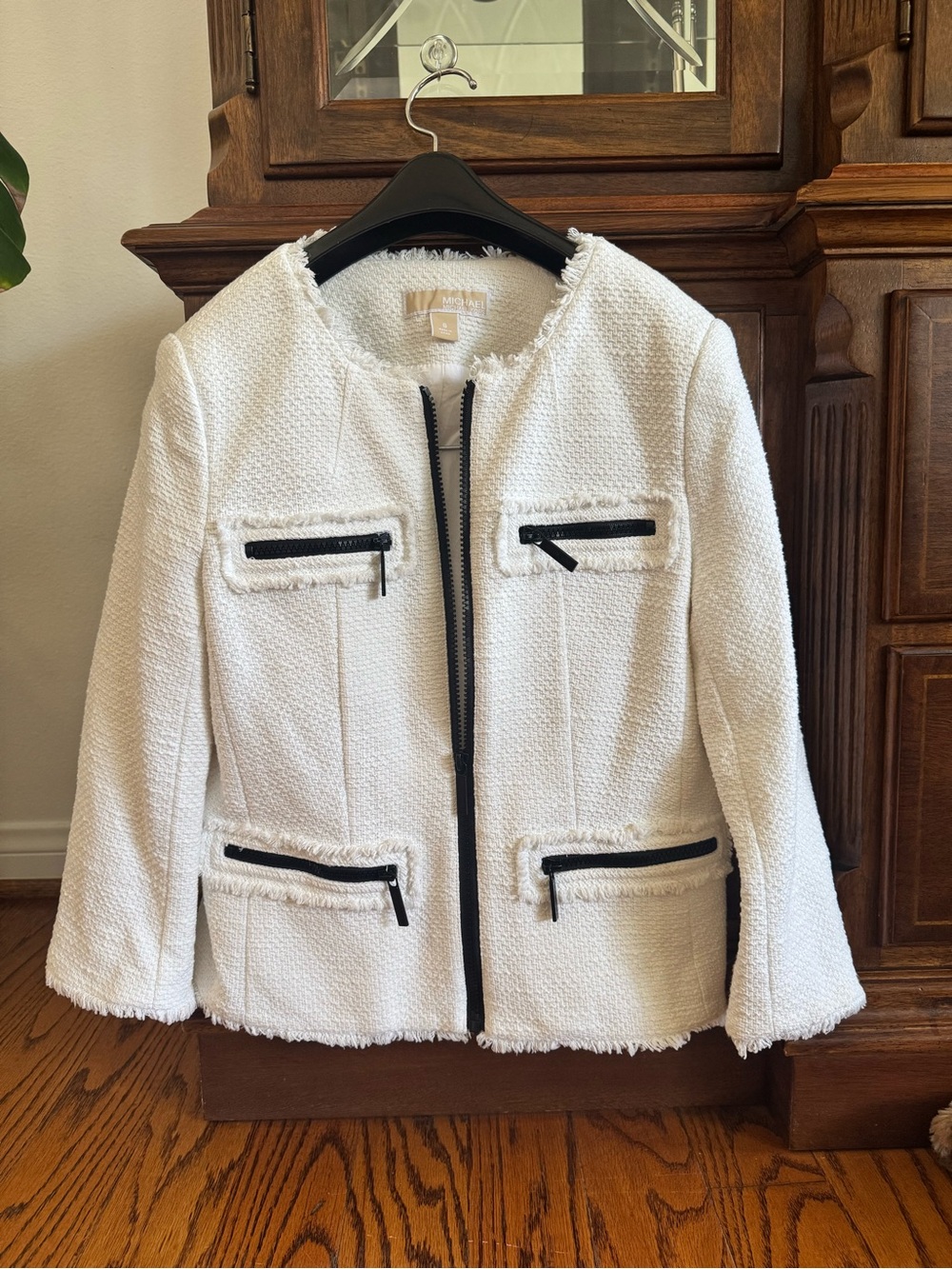 MICHAEL Michael Kors White Bouclé Zip-Front Jacket with Black Trim
